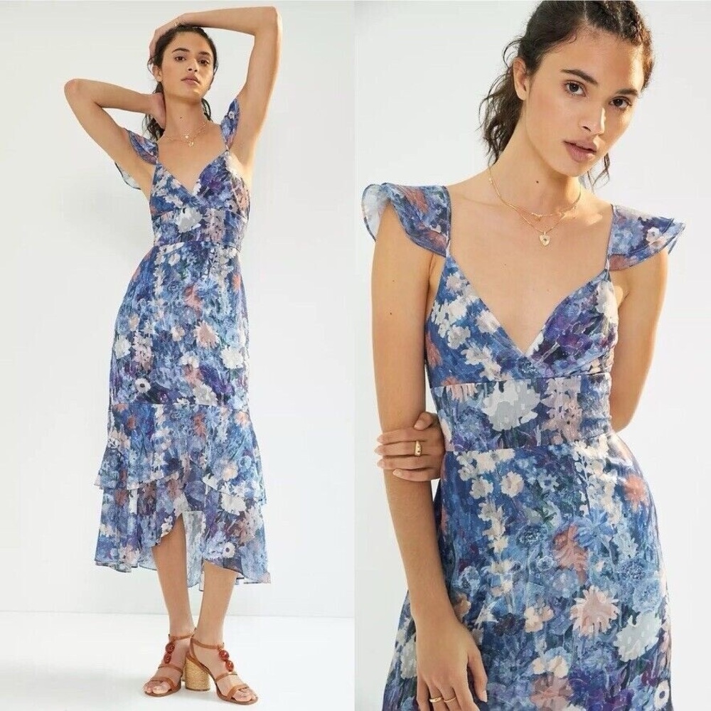 Hutch Floral Ruffled Blue Midi Dress